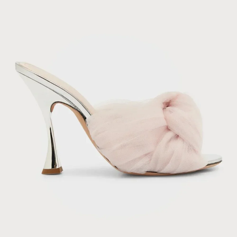 New Giambattista Valli 110mm Maxi Bow Tulle Mirror Quartz Rose Mule Sandals 9 US